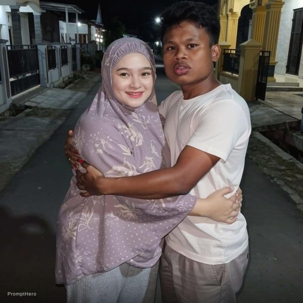 AI generated: Combine the two provided images into one single image where the man and the woman are hugging each o...