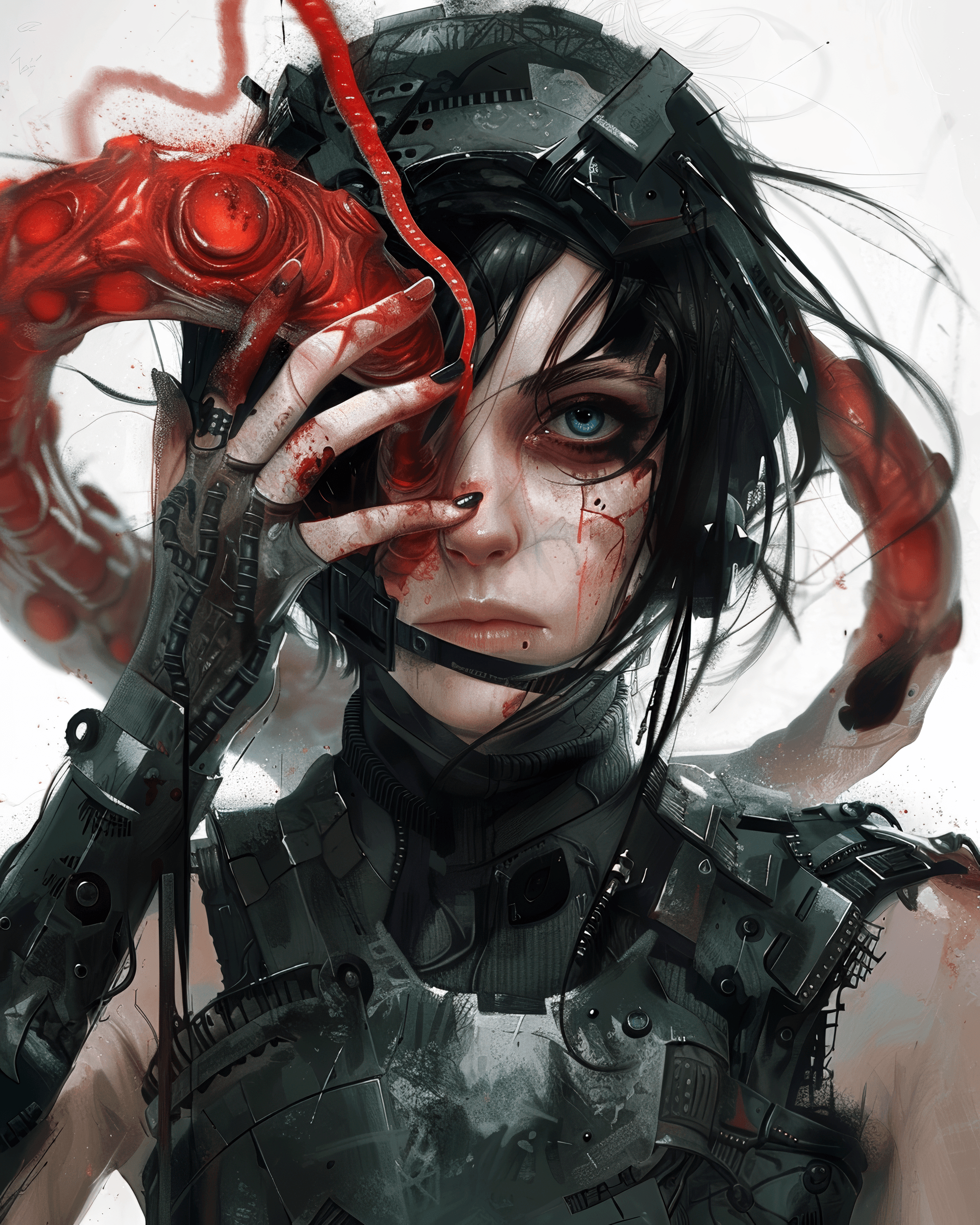 AI generated: A female with black hair and blue eyes, wearing sci-fi armor that has been torn open on the shoulder...