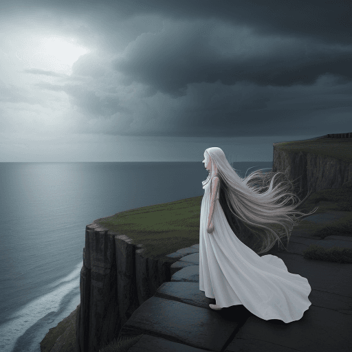 AI generated: A girl with long hair, in a long white dress, stands over a cliff, sea, storm, evening, dark clouds,...