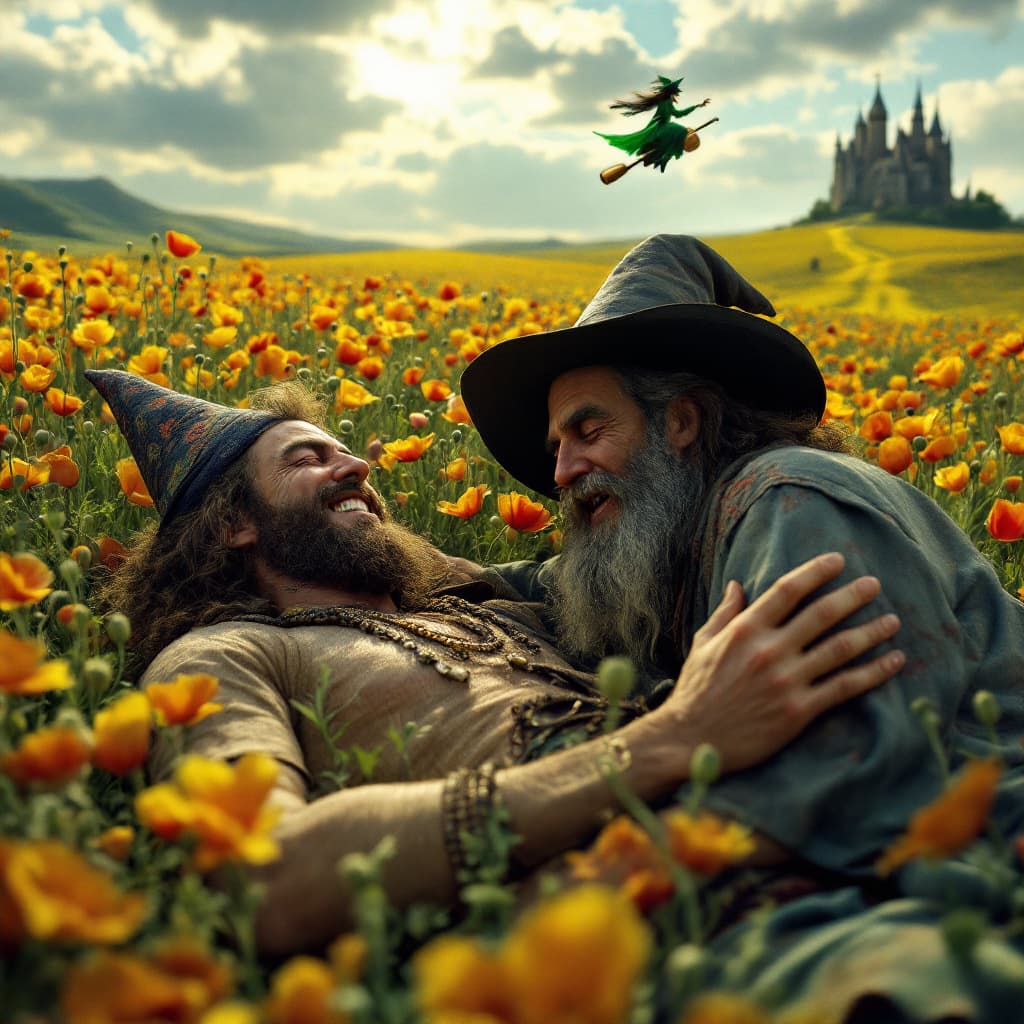 AI generated: a totally wasted  hippie with a dopey grin partly closed eyes is  in a field of poppies laying prone...