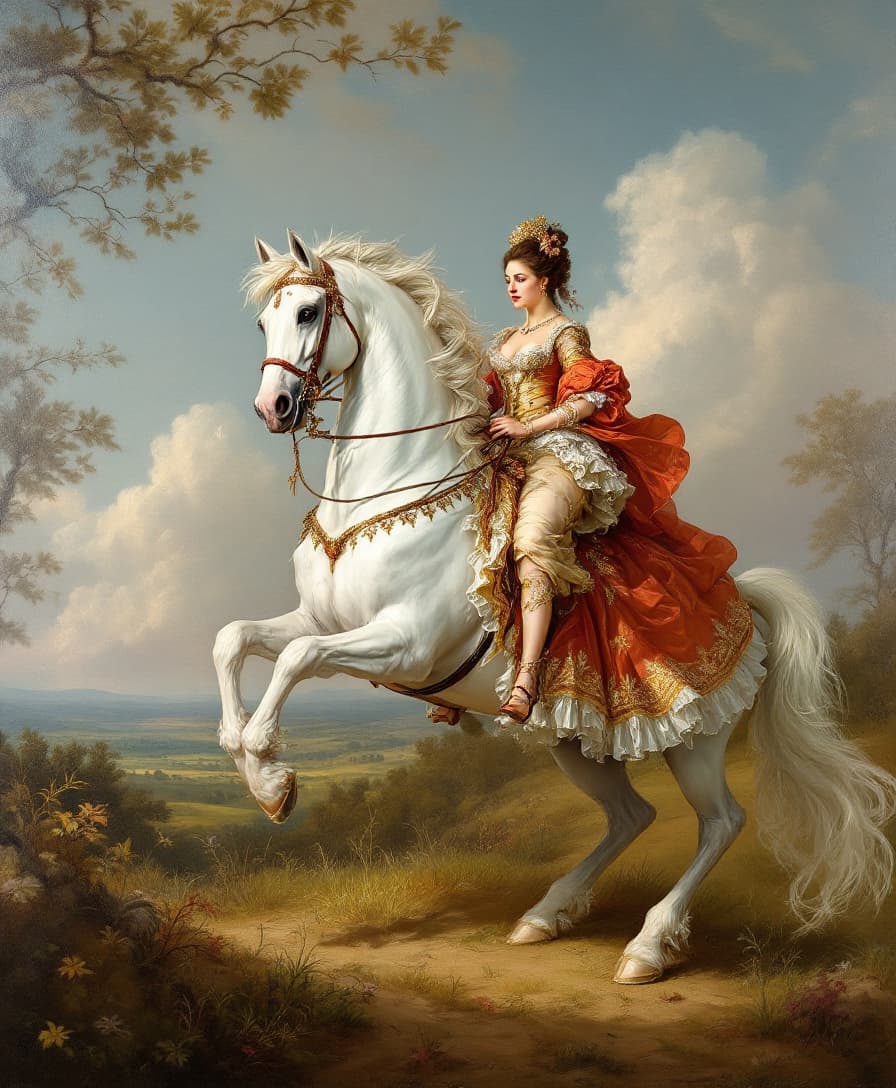 AI generated: #mjbest_rococo 

Rococo oil painting of a finely dressed noble woman riding side saddle on a gloriou...
