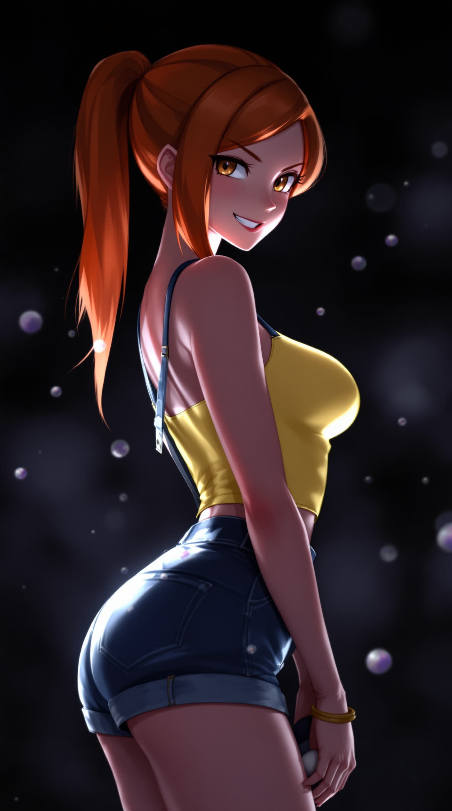 AI generated: , 1girl, solo,  Pokémon, misty, yellow tank top, slender face, cute, suspenders, jean shorts, orange...