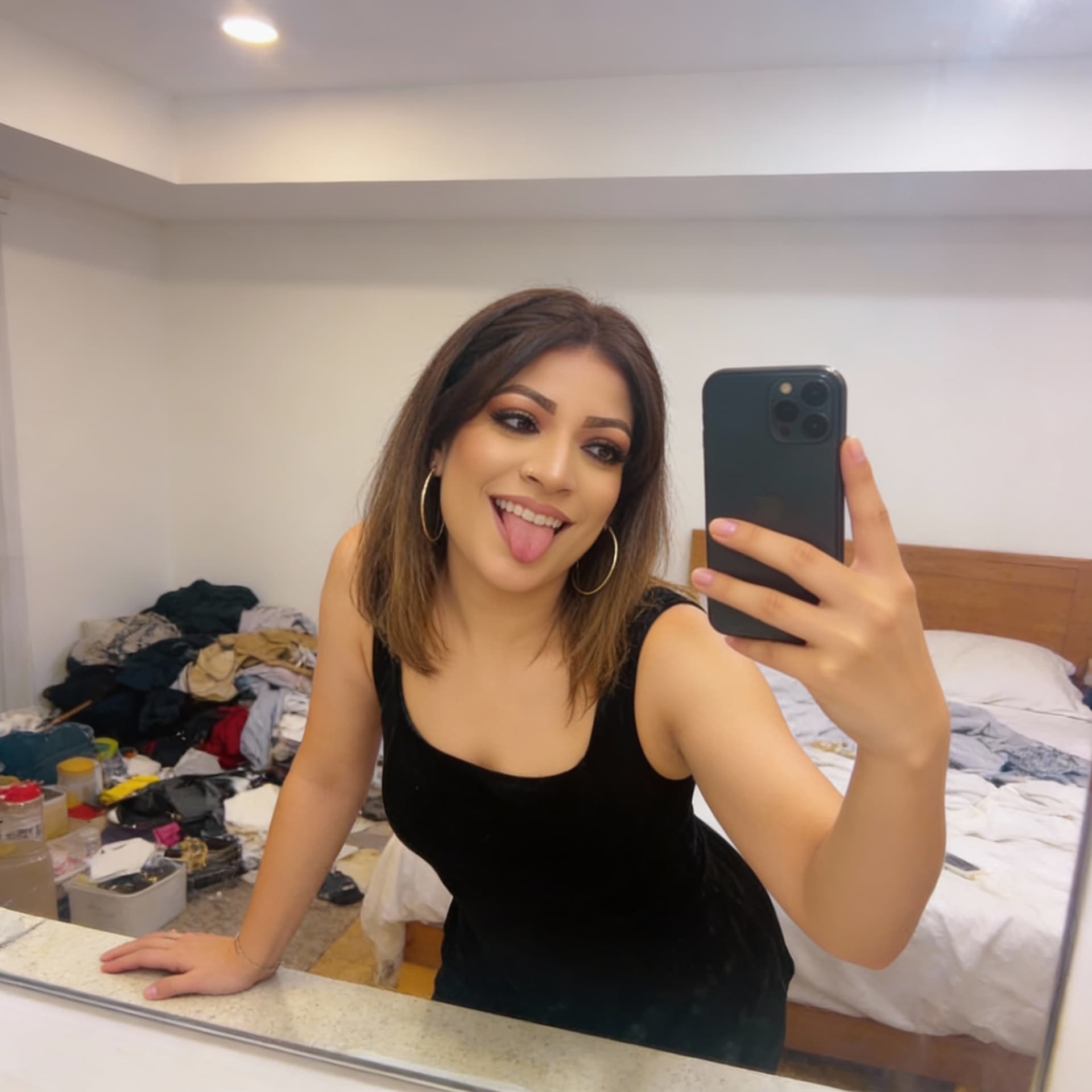 AI generated: takes a mirror selfie in a messy bedroom.

The woman has her phone in one hand and she is using her ...
