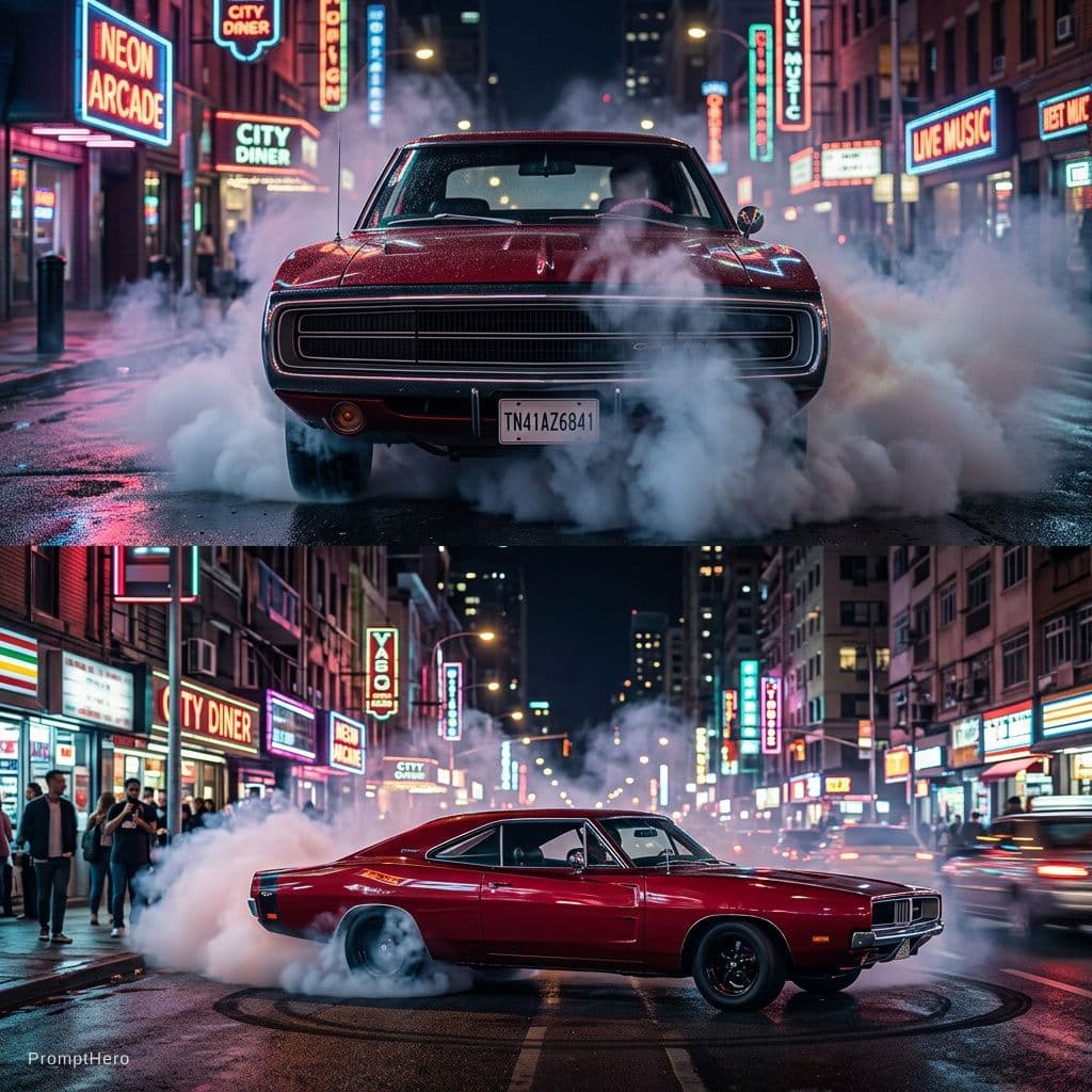AI generated: Create a dynamic video sequence featuring a classic muscle car performing a burnout in a bustling ci...