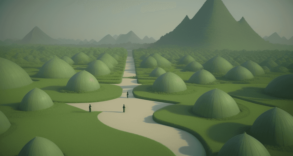 AI generated: Photos of people walking through the green garden, in Chen Zhen style, surreal 3d landscape, Li Tief...