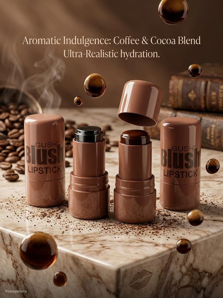 AI generated: luxury cosmetic product shot, lip tint, brown cosmetic tint with nude brown accents, floating coffee...