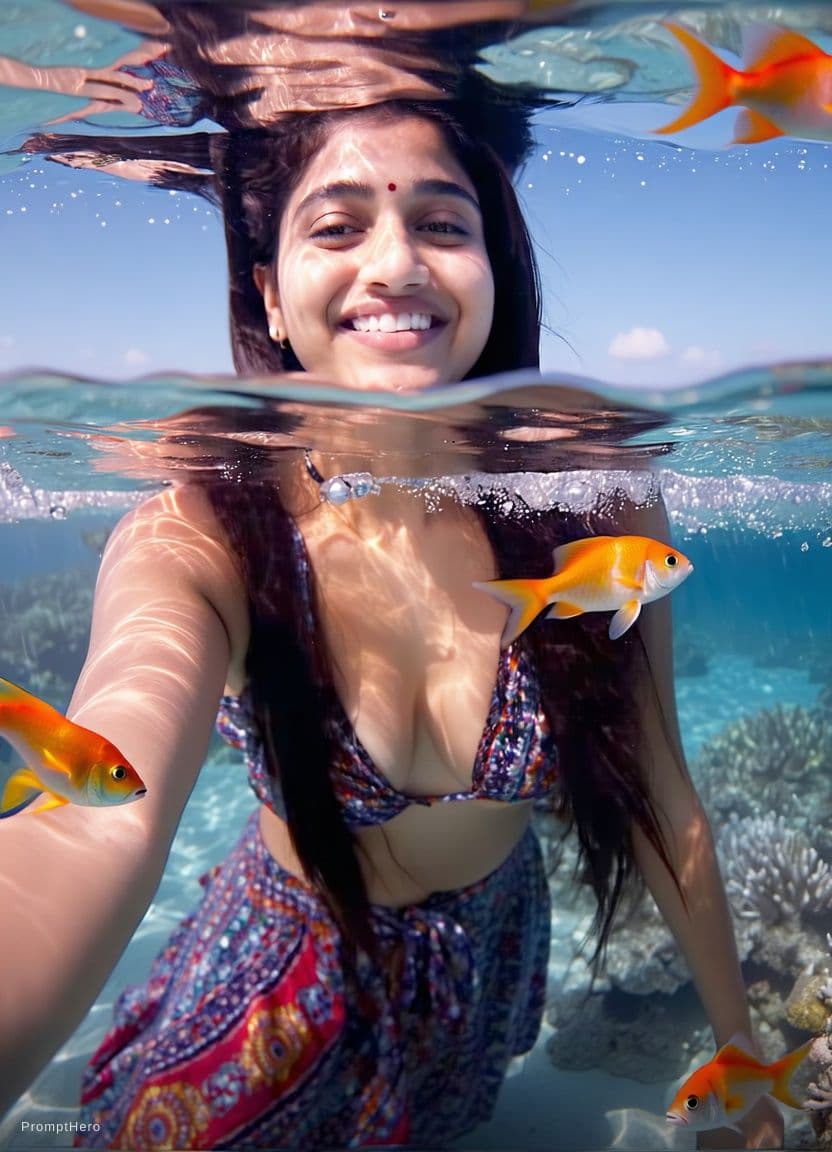 AI generated: creative split-level underwater shot of an Indian woman, [same 100% identical face uploaded], [SKIN_...