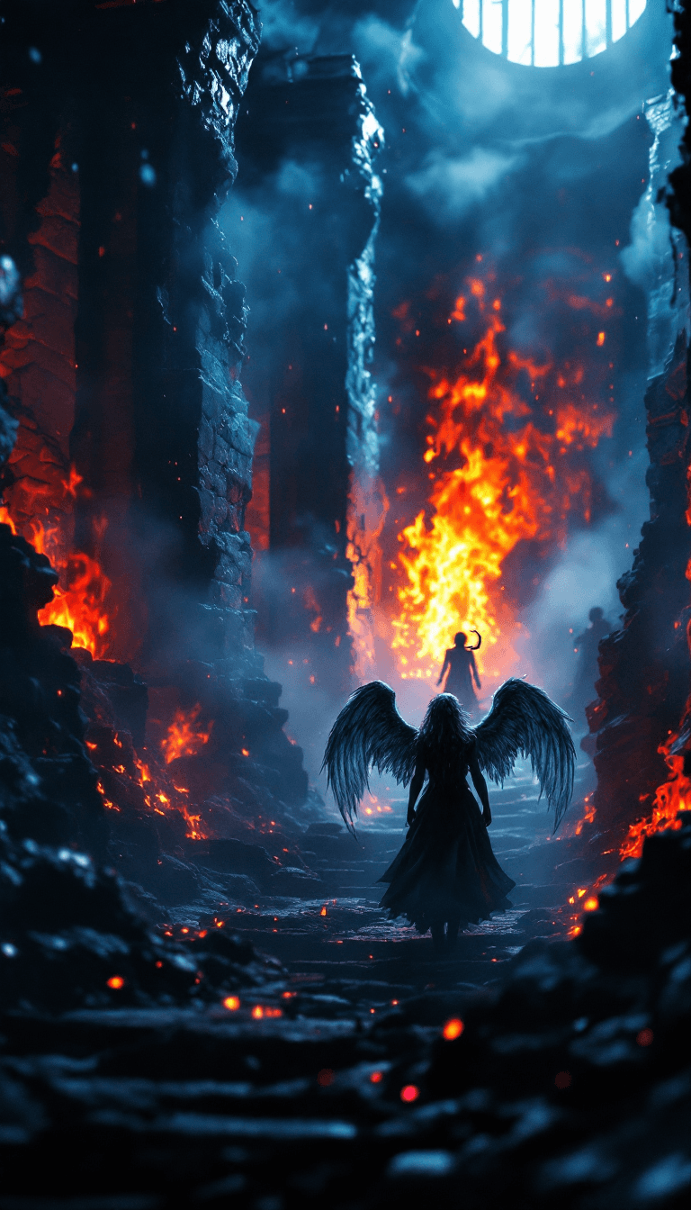 AI generated: macroview of angels in hell prison,ultrarealistic mini people,angels,ultradetailed jail in flames  t...