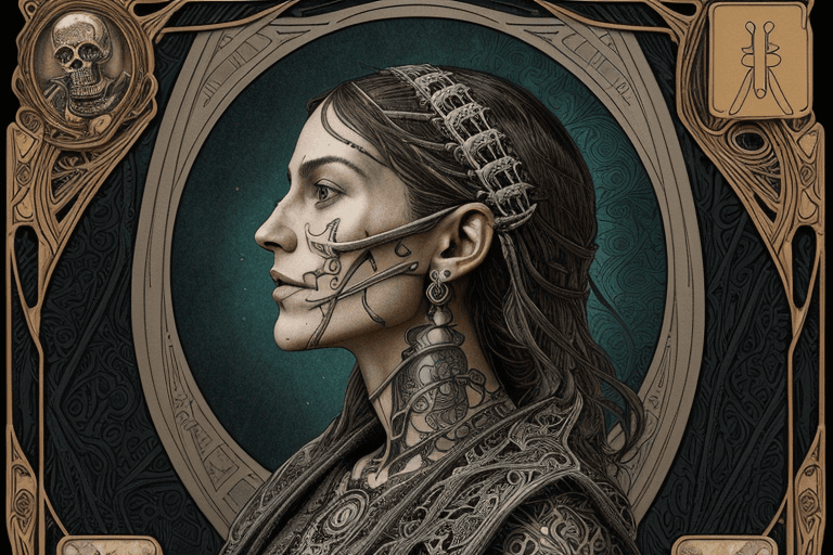 AI generated: tarot card with intricate detailed frame around the outside, 

portrait of medivial head, 

 side pr...