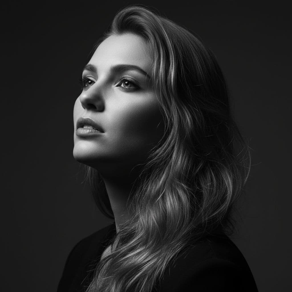 AI generated: Portrait of a woman with long, wavy hair, looking up and to the side. Black and white with strong ch...