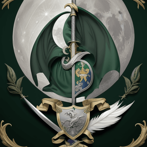 AI generated: Coat of Arms,  Silver Crescent Moon, Emerald Green Laurel Leaves, A Sword and Quill Crossed Behind t...