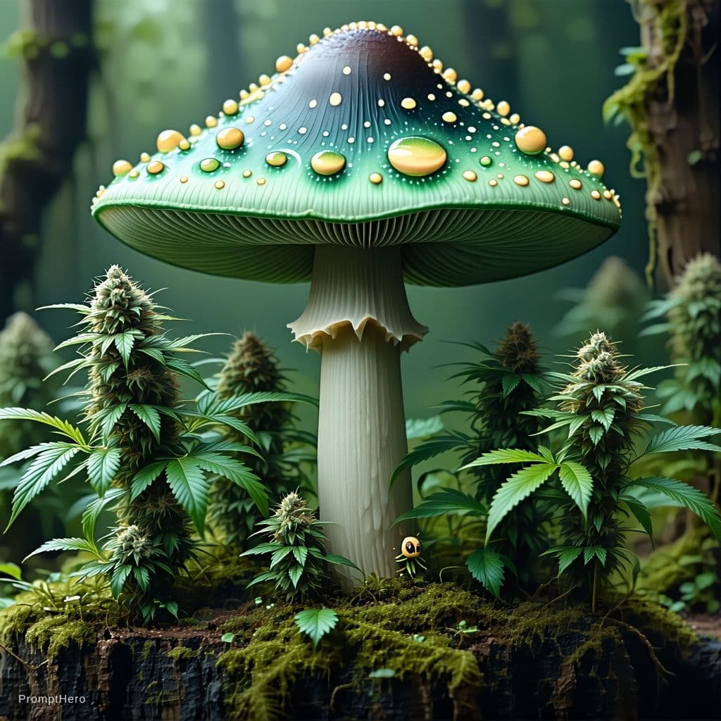 AI generated: Mind blowing drugged trippy magic mushroom with baby marijuana plants 