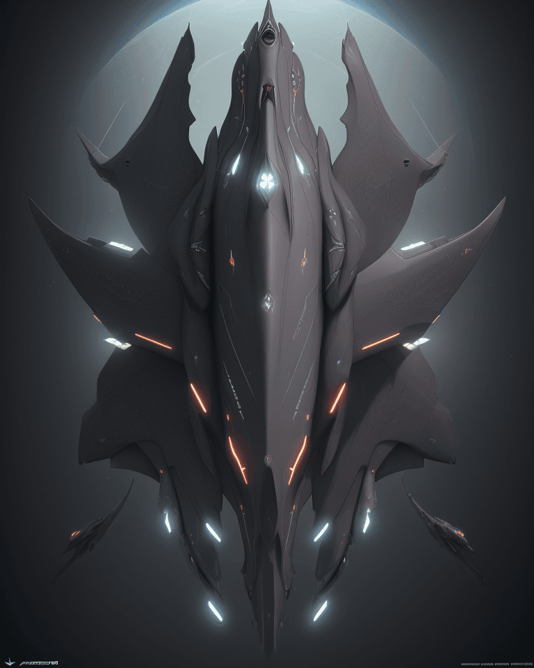 AI generated: stingray shaped space ship, double wings, armed with cannons, long thin tail, wide curved wings, int...