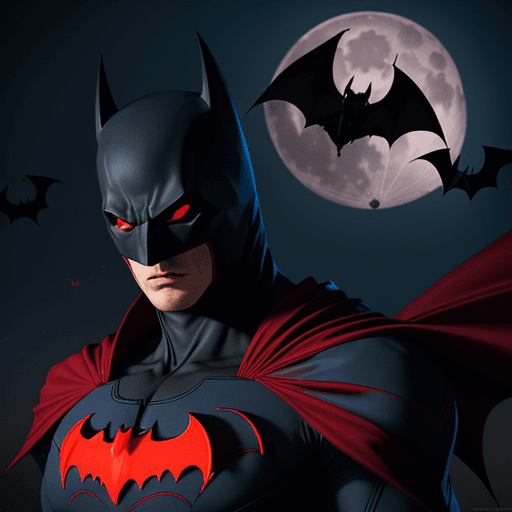 AI generated: a vampire in a red and blue V shape superhero suit with a SCARLET batman mask flying towards the scr...