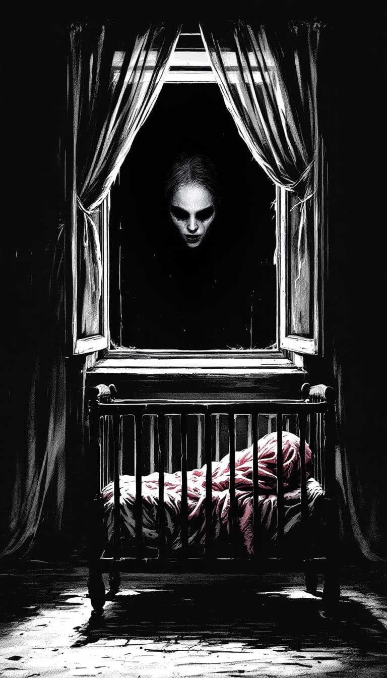 AI generated: creepy black ink drawing of a Terrifying  crib under an open dark bedroom window with a ghostly woma...