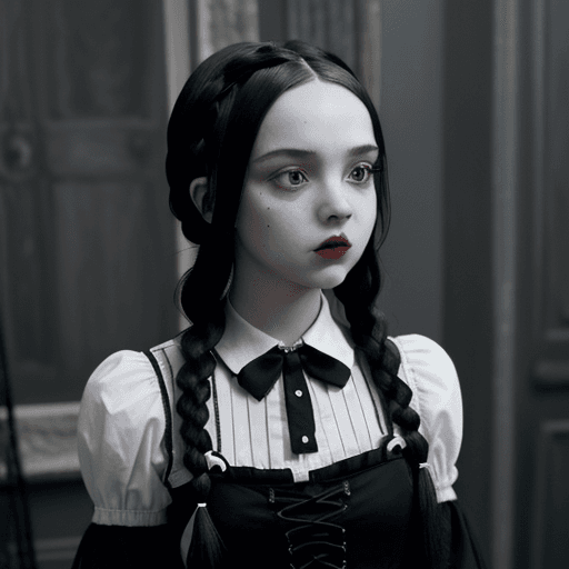 AI generated: Wednesday Adams, the iconic and gothic character from The Addams Family. The costume should be highl...