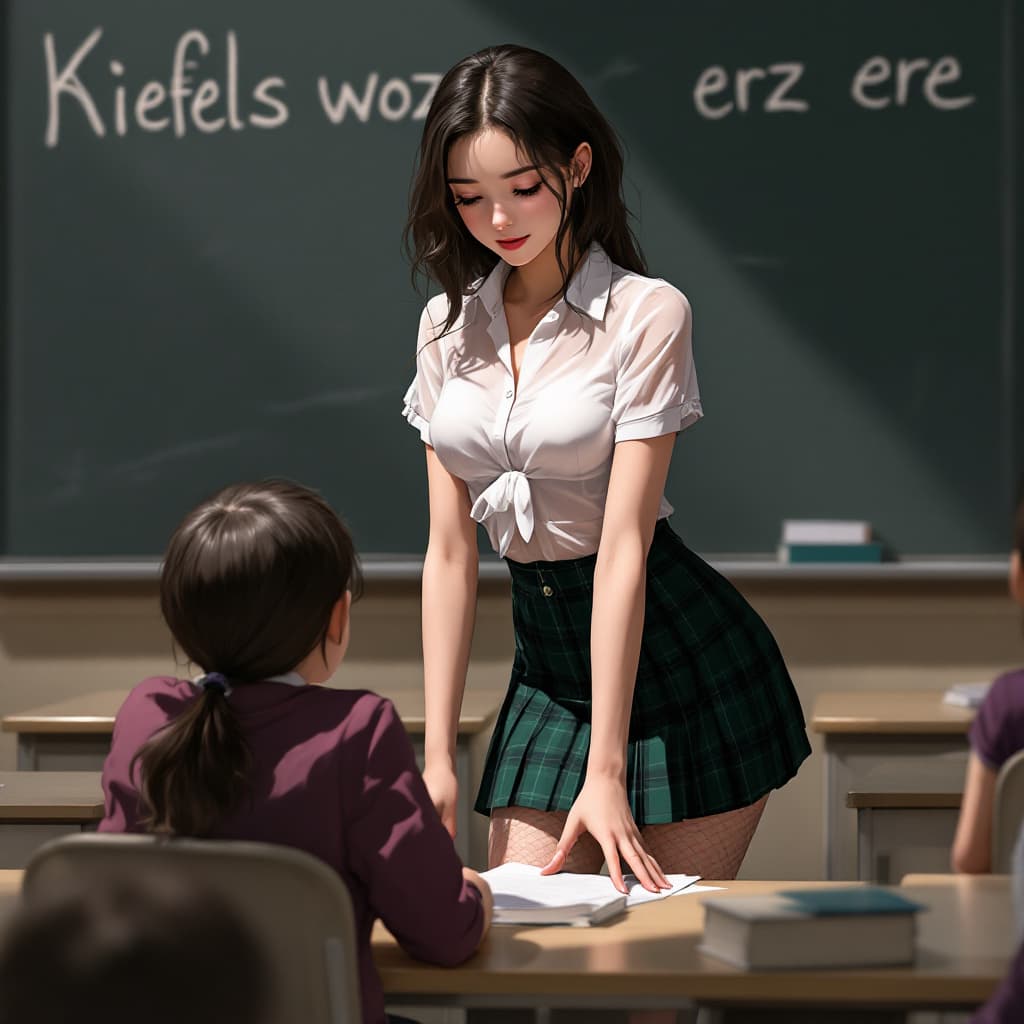 AI generated: Young anime woman, slim and toned, wearing a sheer white short sleeved form fitting blouse that is t...