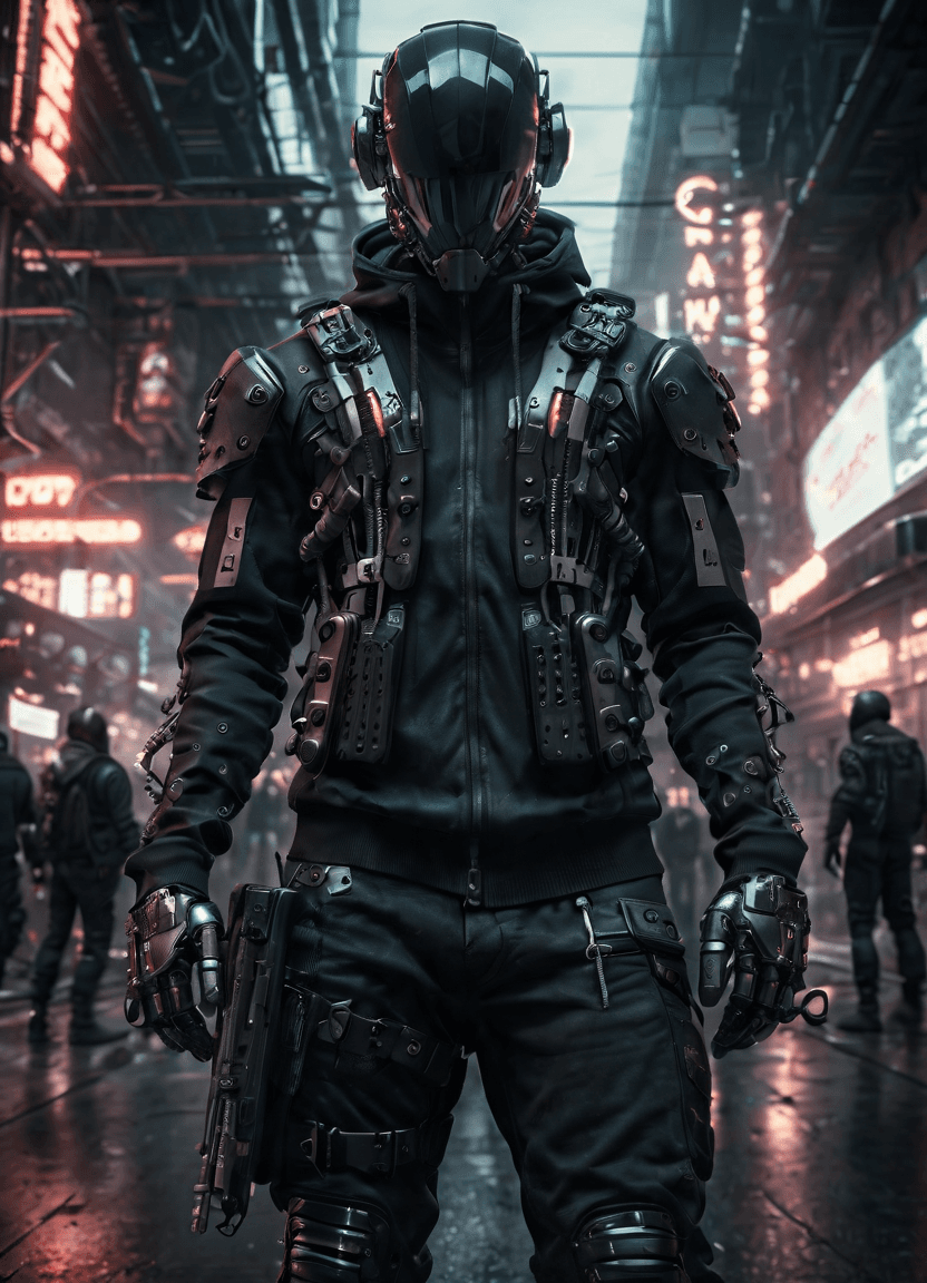 AI generated: Masterpiece, full-body shot, intricate raw photography. Cyberpunk, realistic, highly detailed 3D ren...