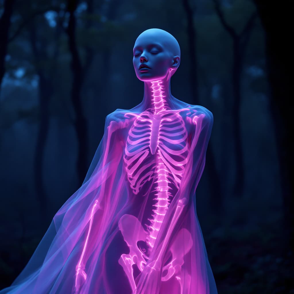 AI generated: full body shot of an albino woman with transparent skin, glowing pink neon skeleton visible through ...