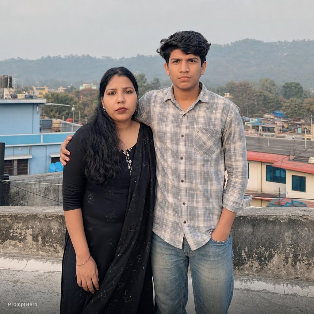 AI generated: show me realistic pic of mother looking 30 and son with old clothes but not torn like a middle class...