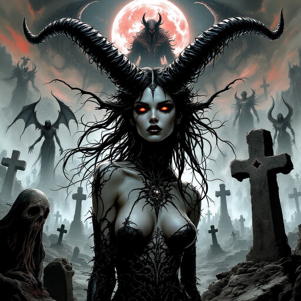 AI generated: Comic book cover H R Giger style illustrations of young beautiful demon woman with huge horns, Cthul...