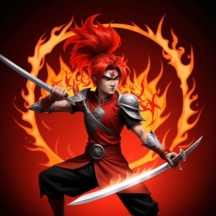 AI generated: logo, cartoon warrior with a sword of fire inside red circle, red theme