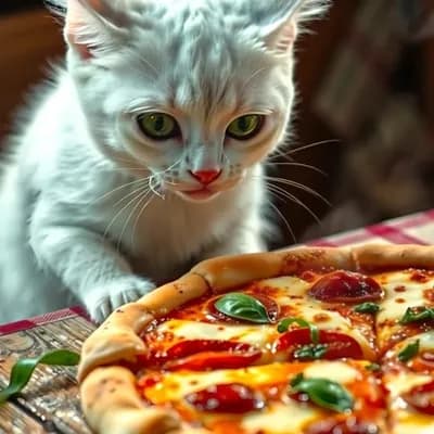 AI generated video: Cat taking one slice from pizza and run away 