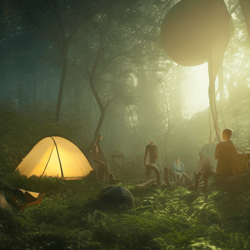 AI generated: Campsite at night, with a few scientific explorers resting, and relaxing in a dense jungle on an ali...
