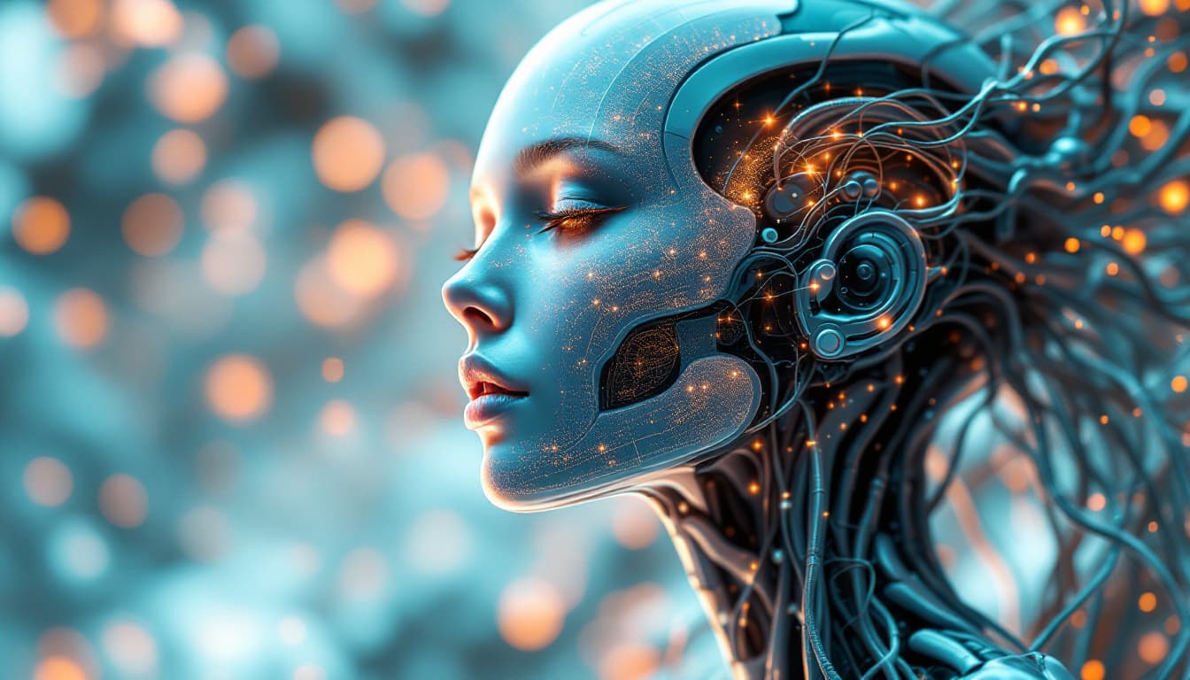 AI generated: A stunning illustration of an ethereal neural network women organism, female full body is robotic sk...