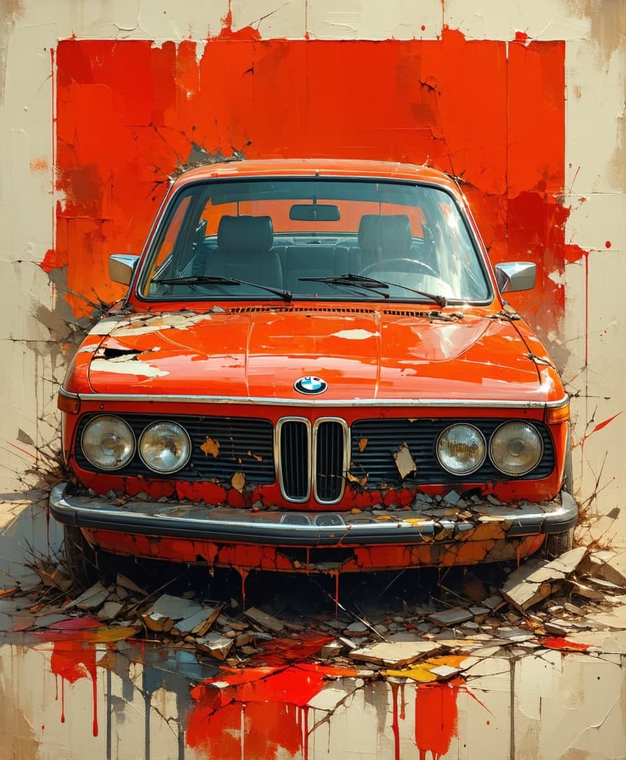 AI generated: Comic book illustration of a BMW serie 3 (year 1970), in the style of Alex Ross, three-quarter front...