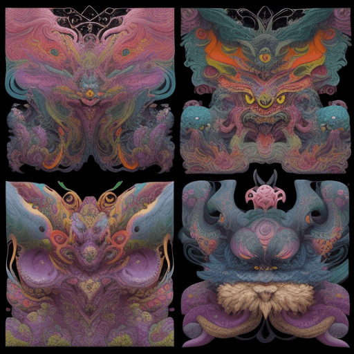 AI generated: A seamless pattern of surreal colorful fluffy elaborate and detailed futuristic monsters, complicate...