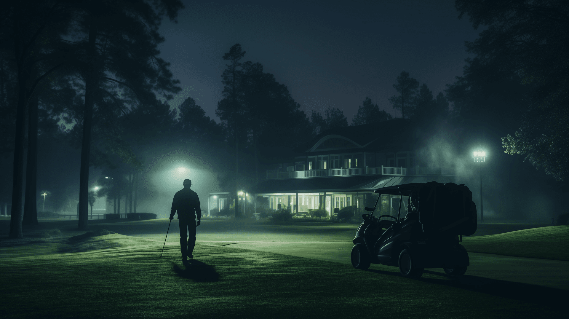 AI generated: golfer putting, golf bag on the side of the green, clubhouse in the background, light in the backgro...