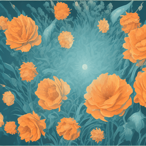 AI generated: set of orange floral banners with clouds, rain falling and sunshine, in the style of mid-century ill...