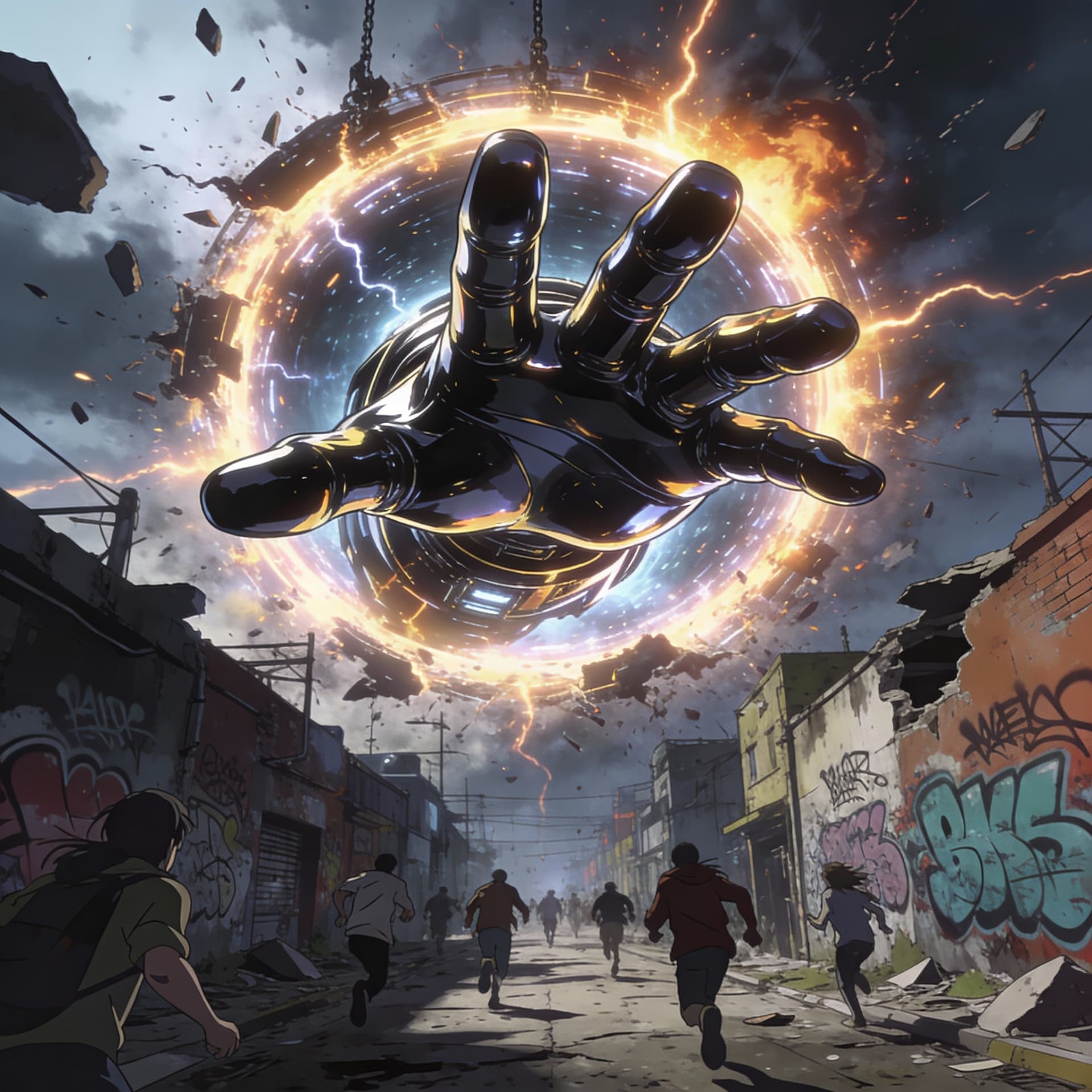 AI generated: A gritty, 3d anime styled illustration of a giant metallic hand like galactus reaching out forward f...