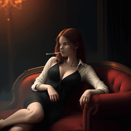 AI generated: photography, dimly lit room with a hazy atmosphere, capturing a female figure lounging on a deep cri...