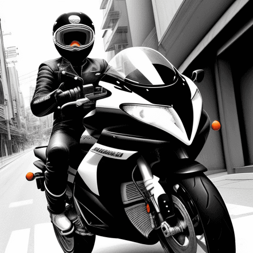 AI generated: a stylish rider wearing helmet, riding motorcycle in a luxury street, akira anime style, black and w...