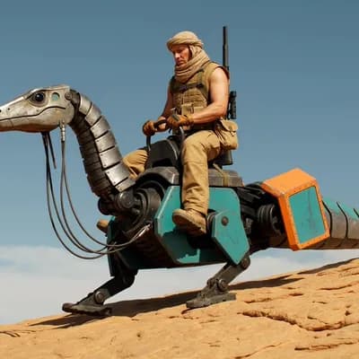 AI generated video: A lone desert scout riding a robotic reptile-like pack mount up a rocky slope under a wide open sky,...
