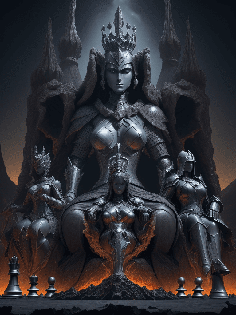 AI generated: Digital artwork of a fantastical chess game set in the foreground with a towering dark knight and a ...