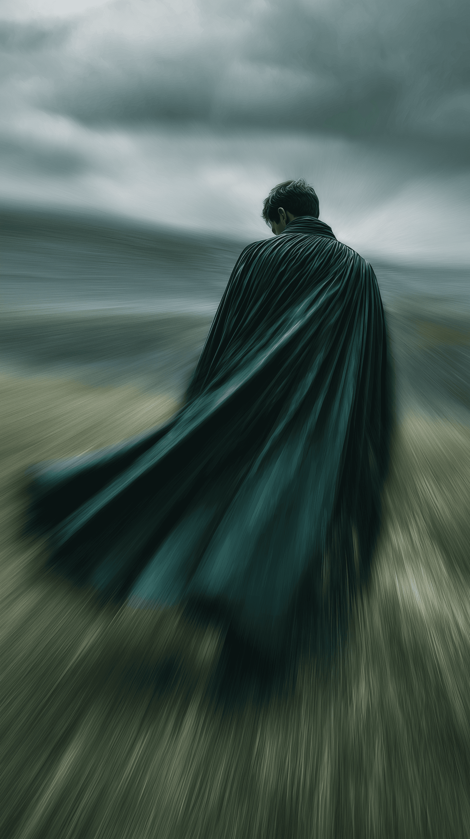 AI generated: motion blur photography, long range shoot, mysterious man model, wearing a deep green long pleated c...