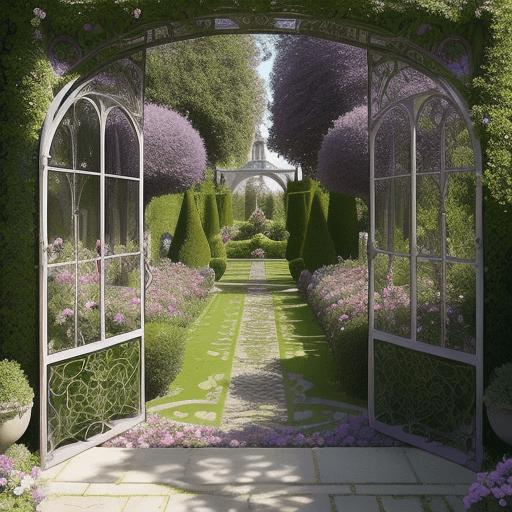 AI generated: an art nouveau Le Jardin Parisian garden in a Versaille like setting with purple and fuscia flowers ...