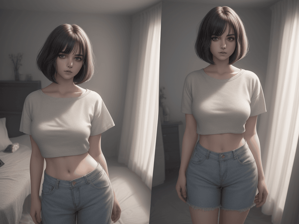 AI generated: 1 girl, a Beautiful idol, (Cute Loose Bob hair), (casual clothes), (showing midriff), (bedroom), sym...