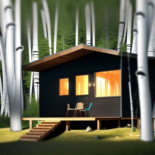 AI generated: Hyper realistic modern tiny cabin house in temperate forest Colorado, light beaming through weeping ...