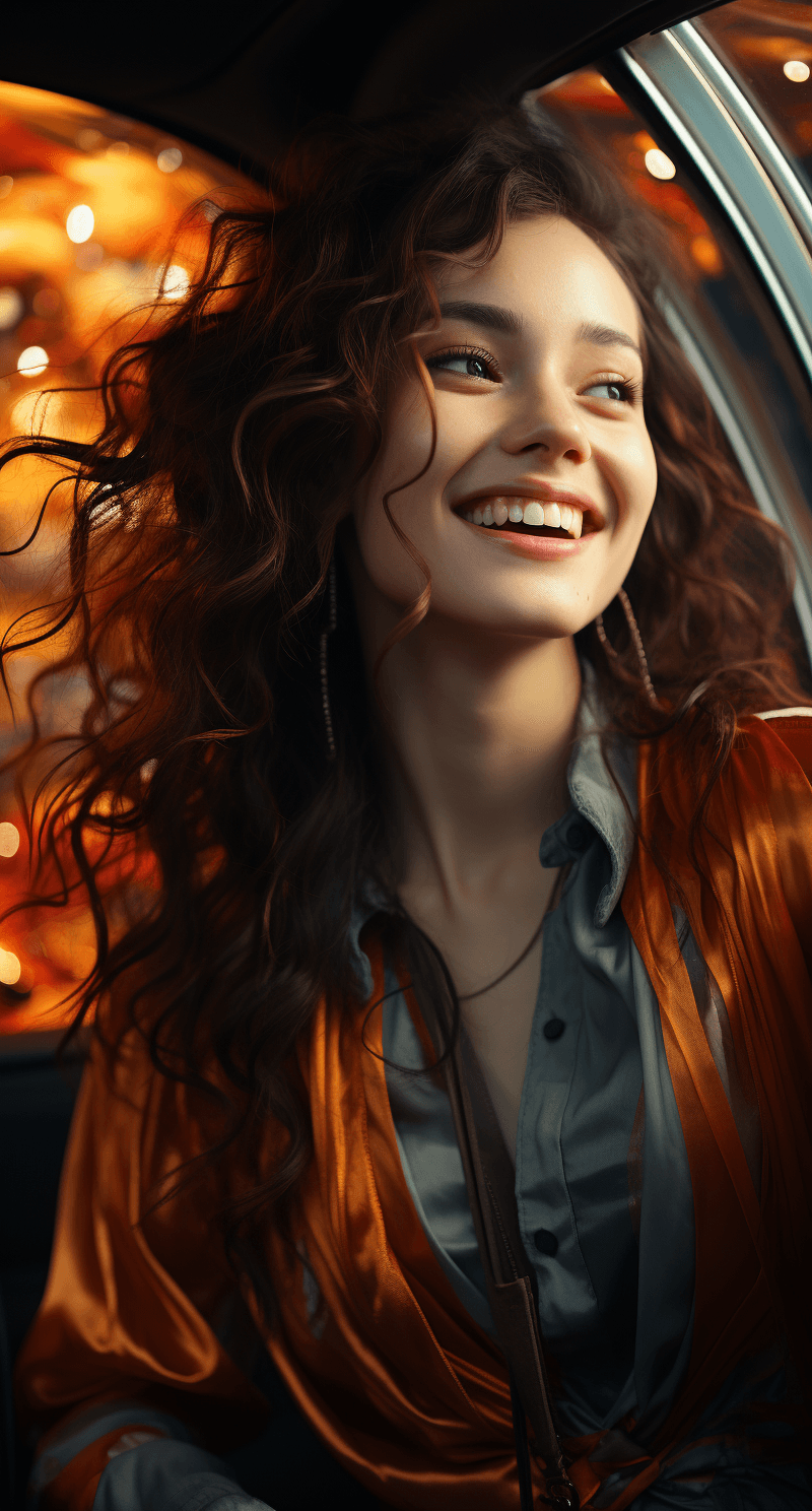 AI generated: a chinese woman in her car, smiling, in the style of photorealistic fantasies, softly luminous, andr...