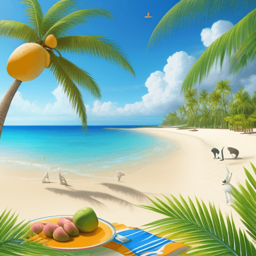 AI generated: realistic beach with palms,mangoes,rabbits,4k
