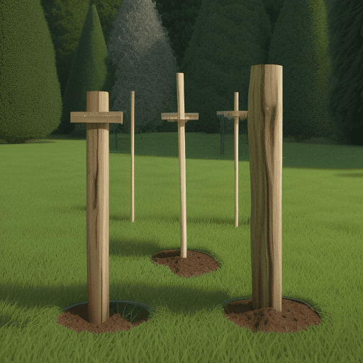 AI generated:  1 wooden stakes planted in the ground, tip upwards, aligned and spaced 1.5m apart, they measure 1.5...