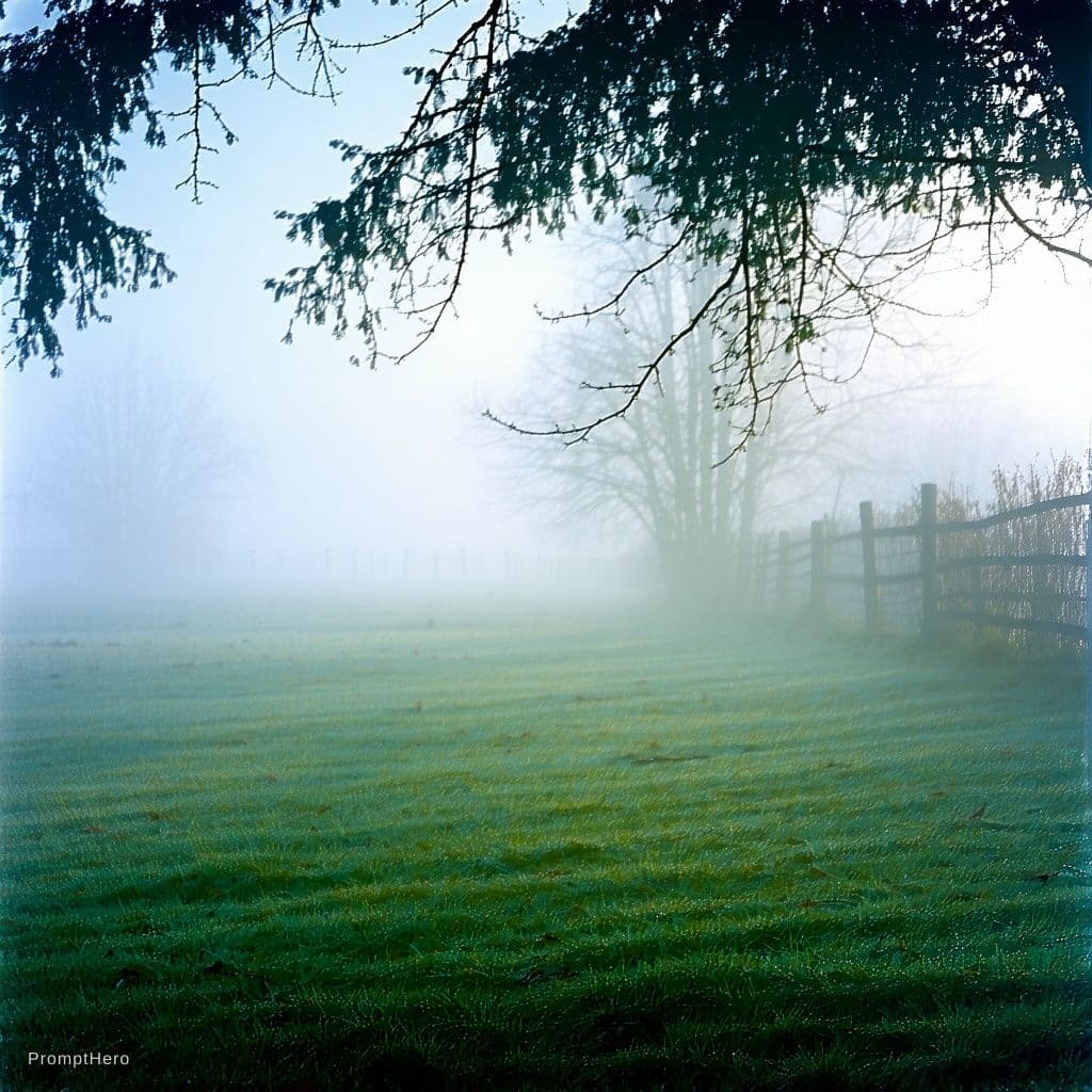 AI generated: landscape: “Fog” Early morning, fog over the grass. Cold."