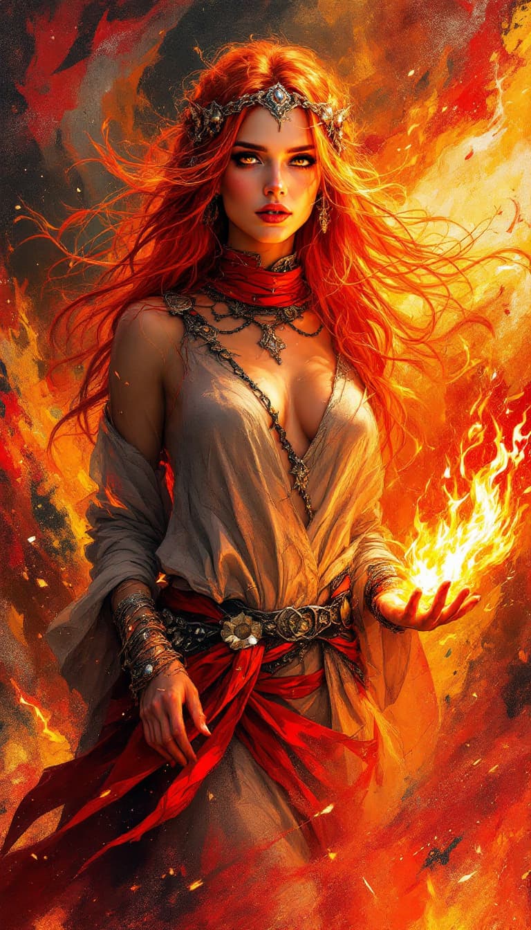 AI generated: "Ruby Pyromancer in a Realm of Embers": A dynamic abstract painting depicts a pyromancer, with both ...