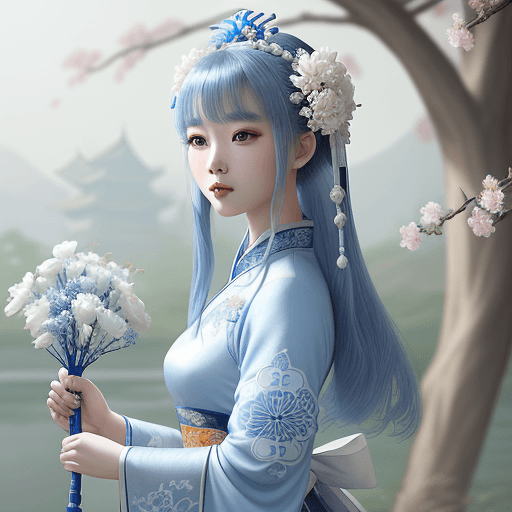 AI generated: A woman in a blue and white dress with flowers in her hair, hanfu, palace, girl in hanfu, blue hanfu...