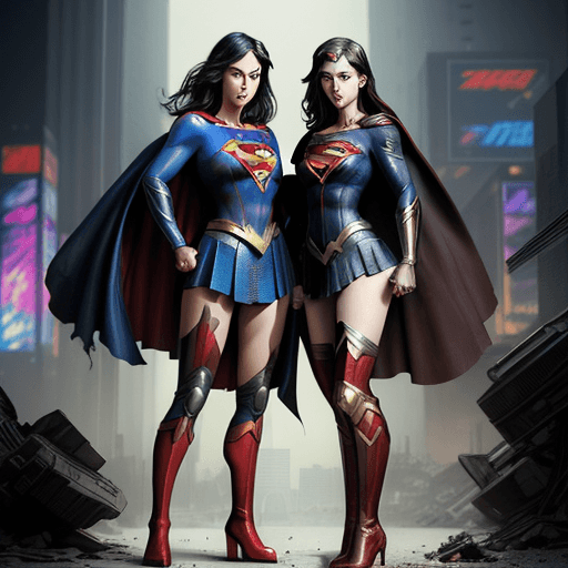 AI generated: a masterpiece, supergirl and wonderwoman from dc comic fused wearing alternate black costume and hig...