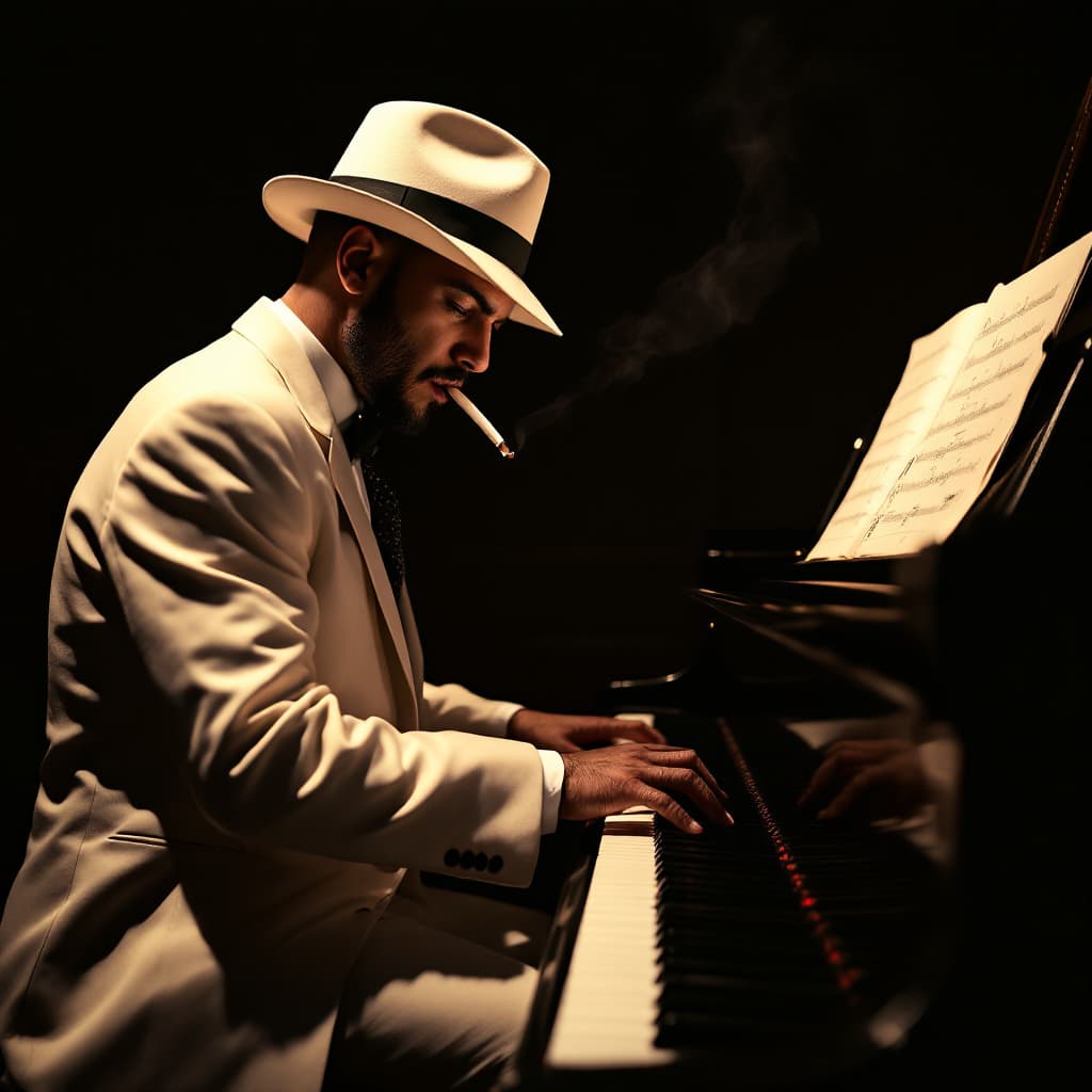 AI generated: Capture a mysterious jazz scene where a lone musician, dressed in a vintage suit and white fedora, p...